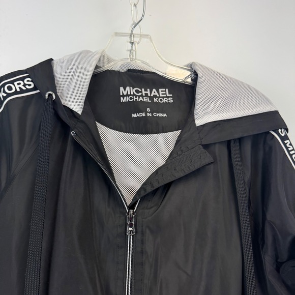 Michael Michael Kors Womens Black Logo Tape Hooded Windbreaker Jacket Small - Picture 12 of 16